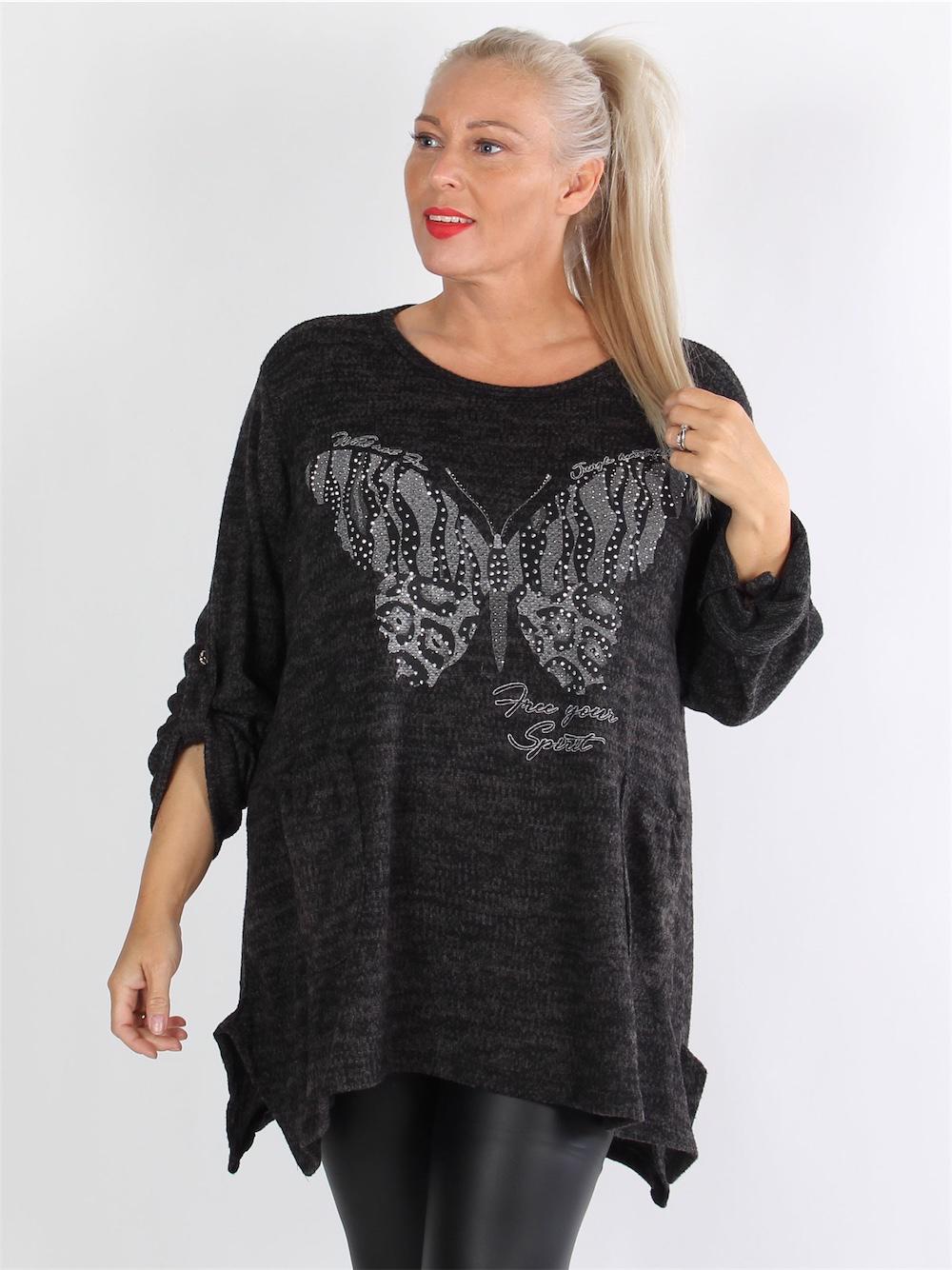 Zia - Mørkegrå strikbluse med en sommerfugl og similisten foran